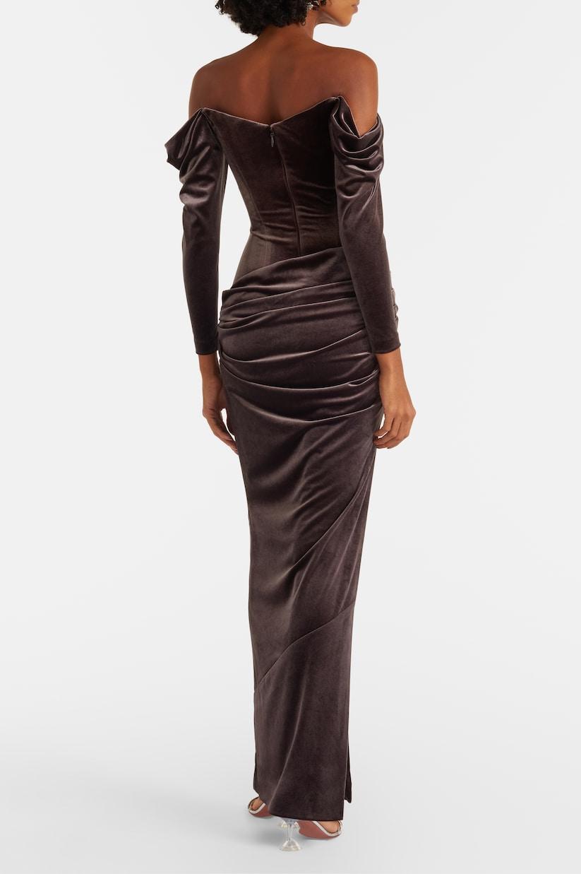 Velvet Off Shoulder Pleated Midi Dress
