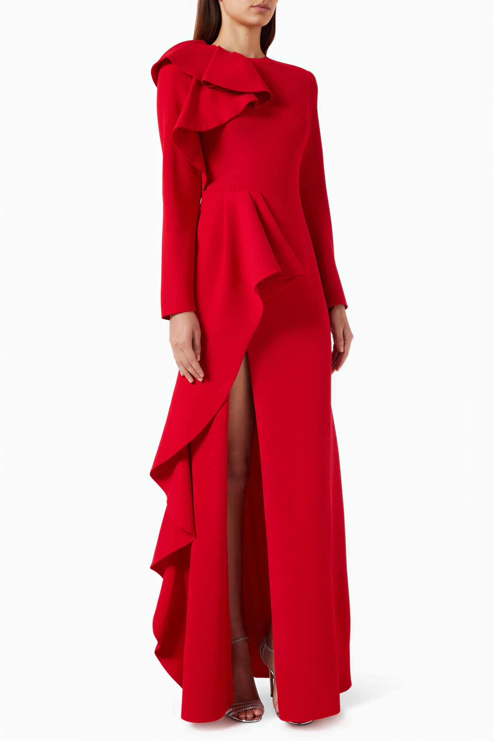 Ruffle Slit Long Sleeve Maxi Dress