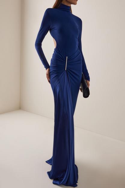 Metal Decorations Ruched High Neck Maxi Dress