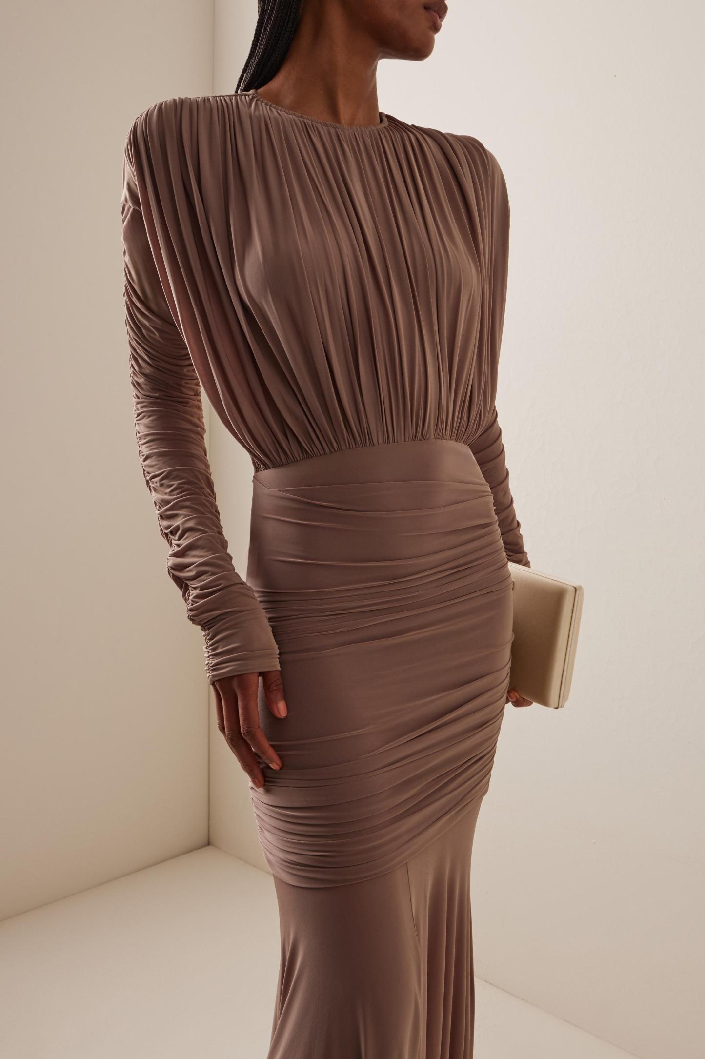 Mesh Ruched Long Sleeve Maxi Dress