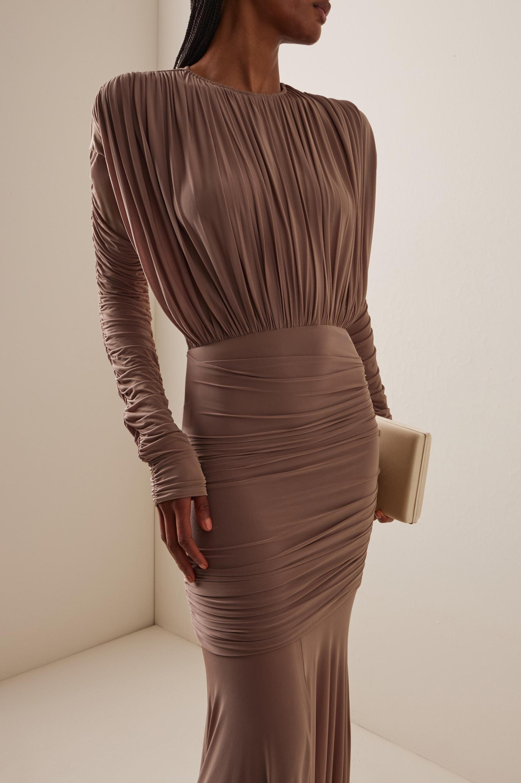 Mesh Ruched Long Sleeve Maxi Dress