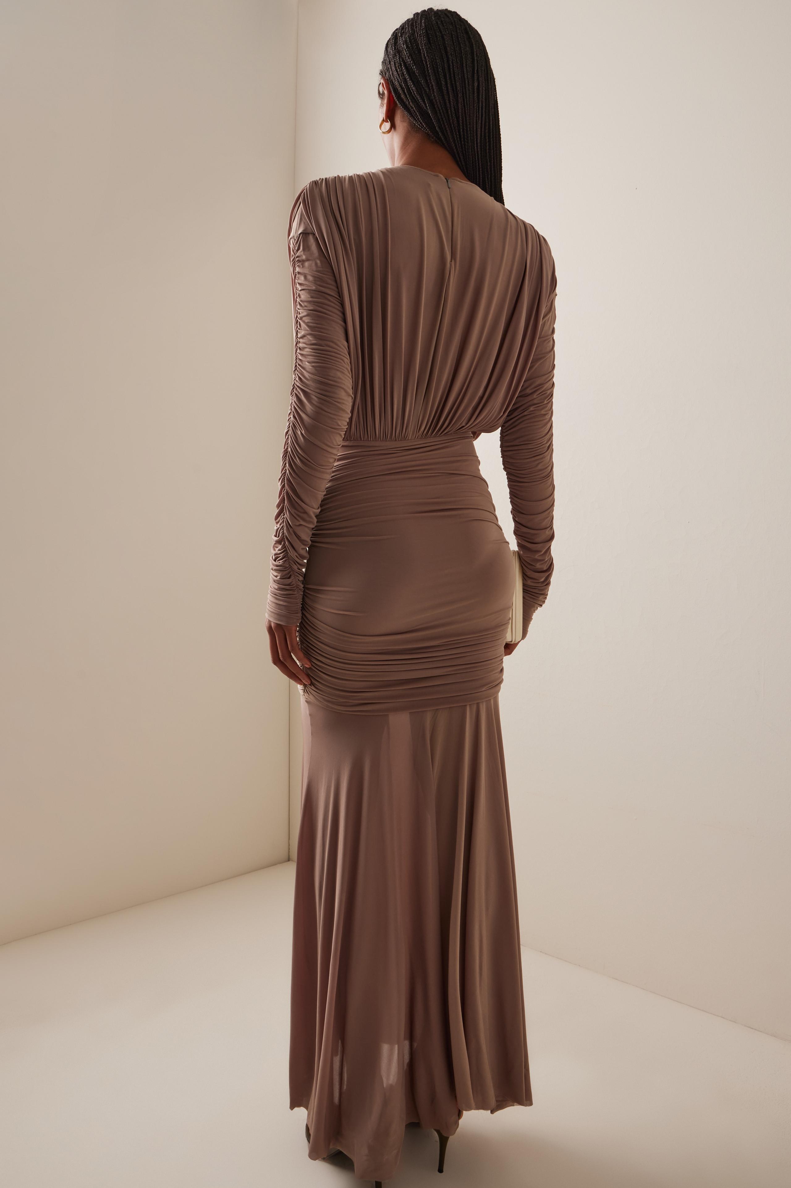 Mesh Ruched Long Sleeve Maxi Dress