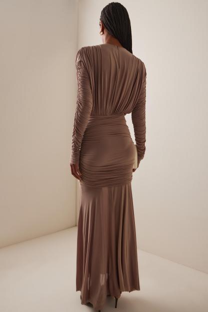 Mesh Ruched Long Sleeve Maxi Dress