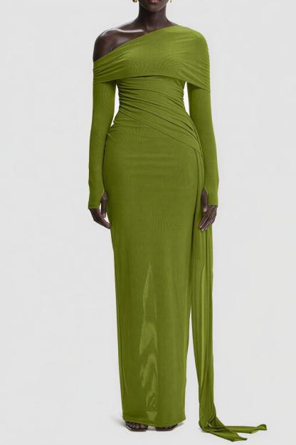 Asymmetrical Off‑Shoulder Ruched Maxi Dress