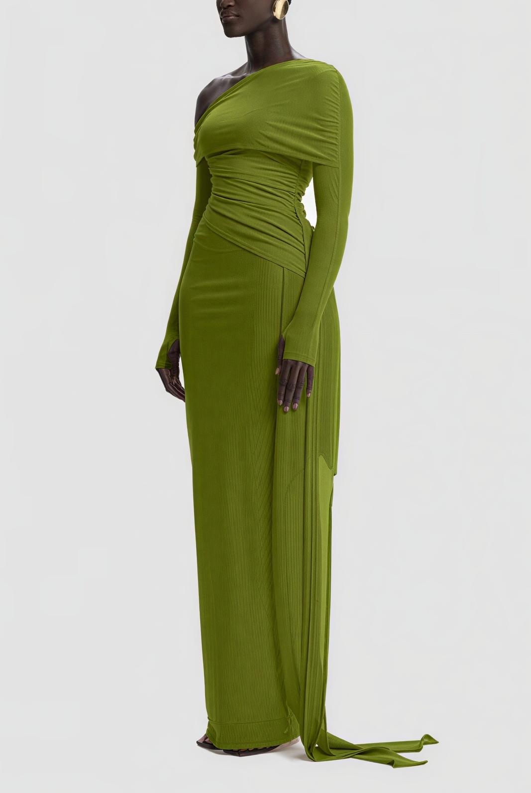 Asymmetrical Off‑Shoulder Ruched Maxi Dress