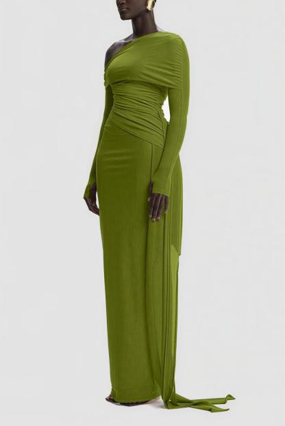 Asymmetrical Off‑Shoulder Ruched Maxi Dress