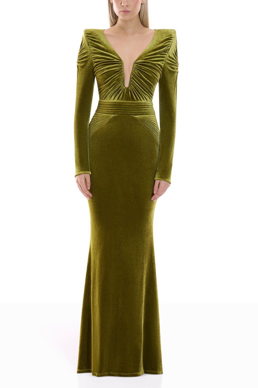 Velvet Ruched V-Neck Maxi Dress