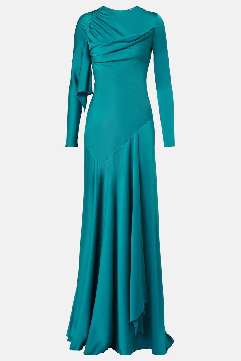 Satin Gathering Long Sleeve Maxi Dress