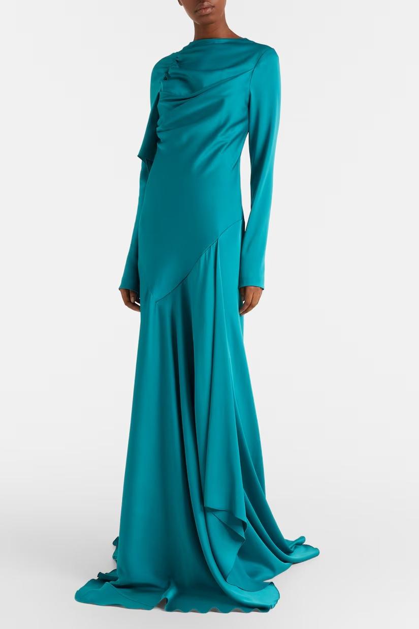 Satin Gathering Long Sleeve Maxi Dress