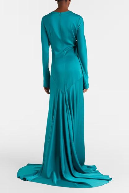 Satin Gathering Long Sleeve Maxi Dress