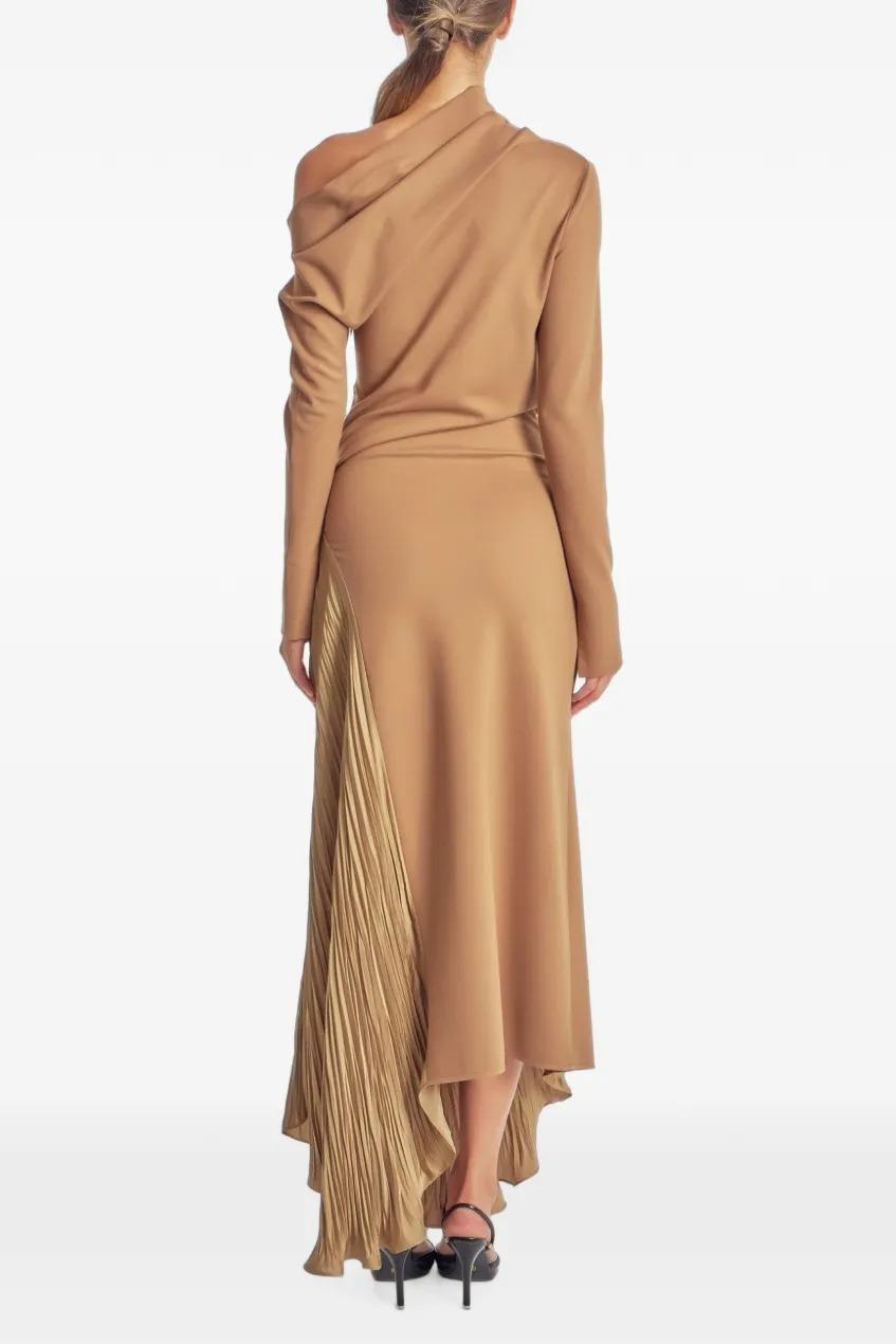 One Shoulder Pleated Asymmetric Hem Midi Dress