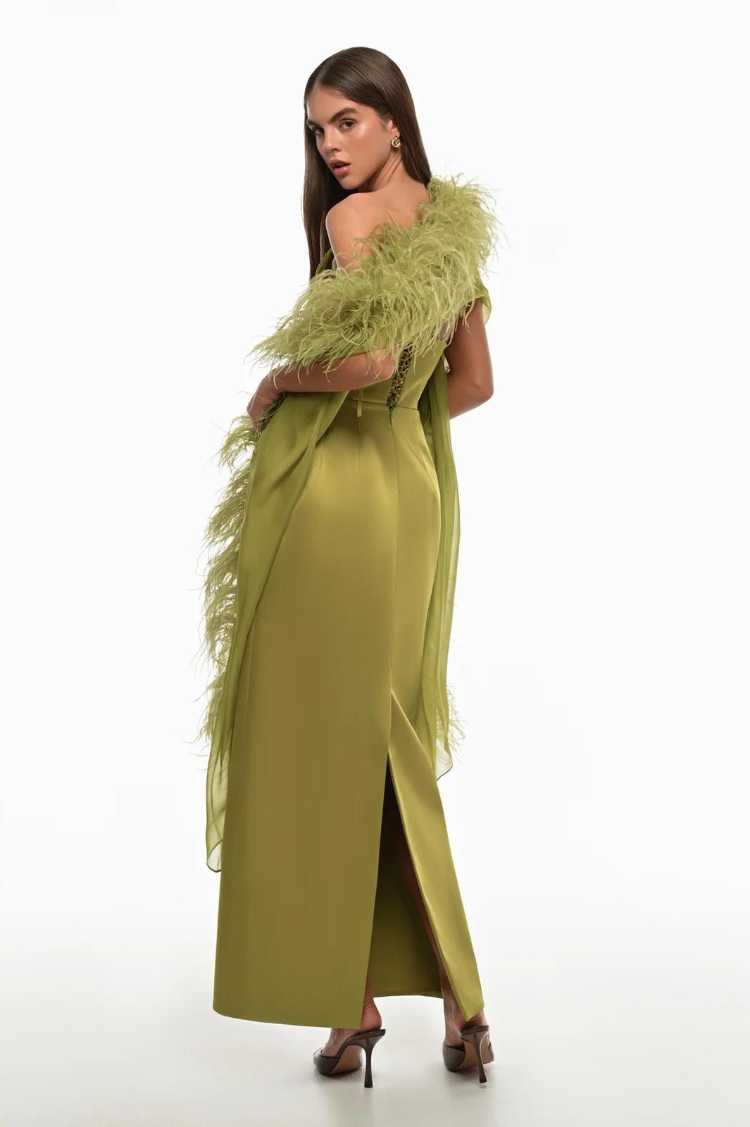 Satin Tie-Up Midi Dress With Feather Cape