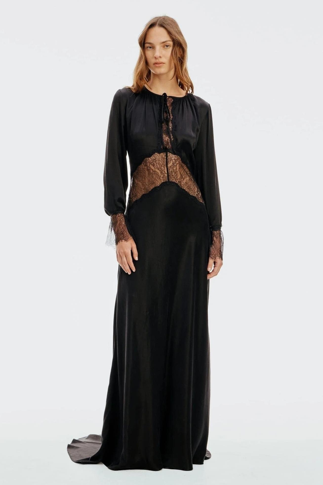 Satin Lace Long Sleeve Maxi Dress
