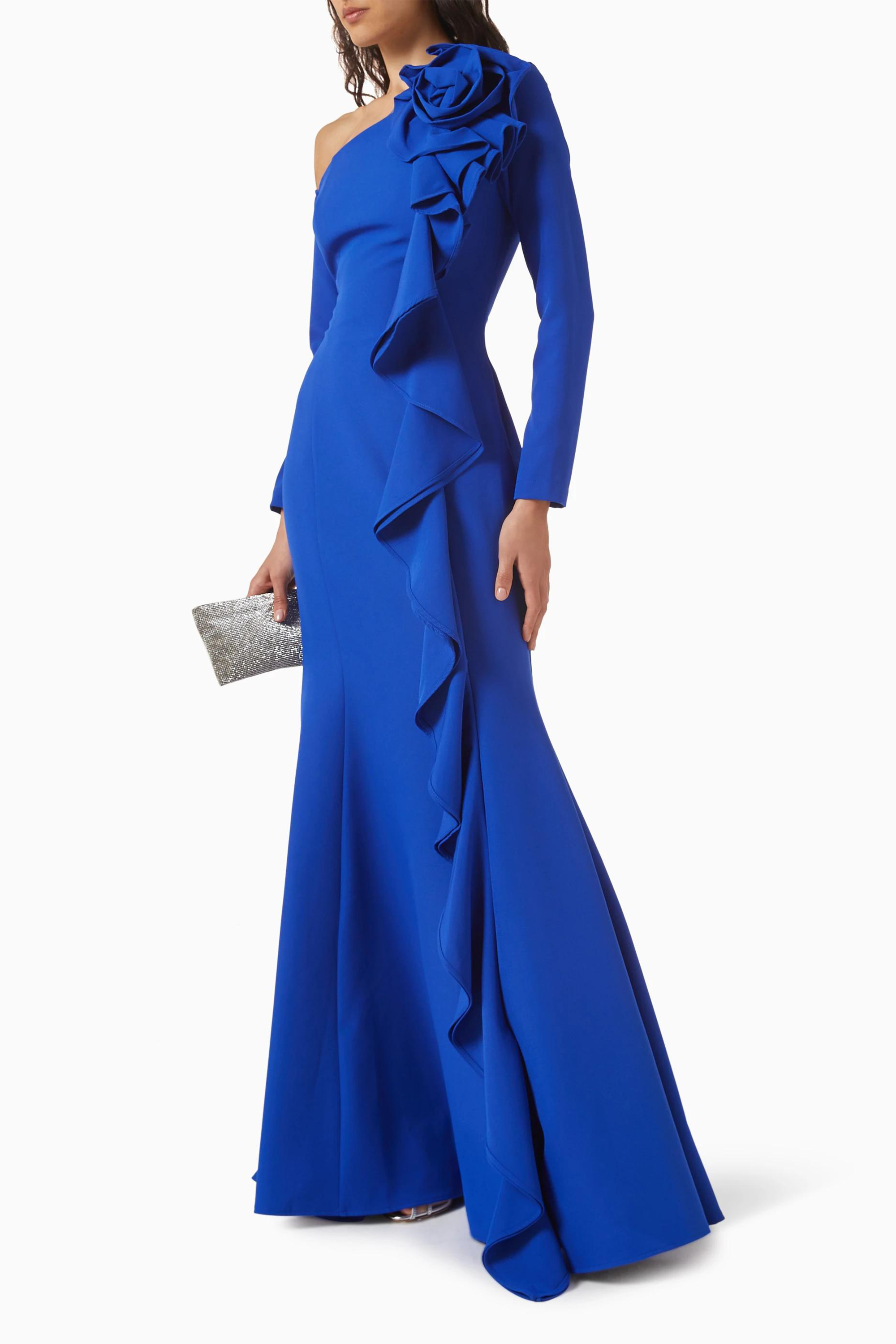 Asymmetrical One Shoulder 3D Floral Ruffle Maxi Dress