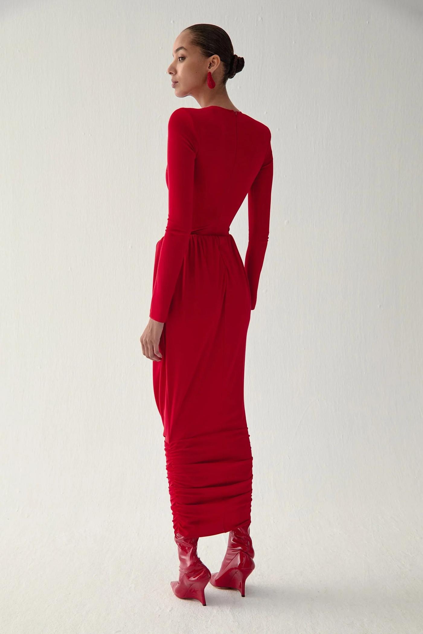 Gathering Round Neck Long Sleeve Midi Dress