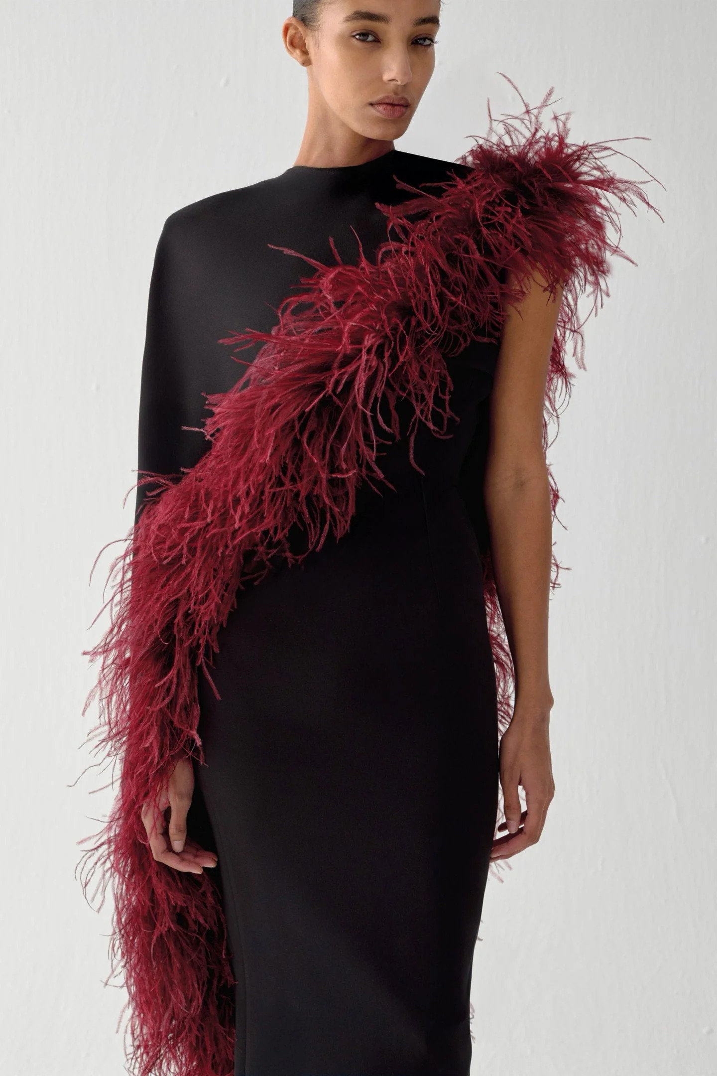 Feather Asymmetrical Sleeve Midi Dress
