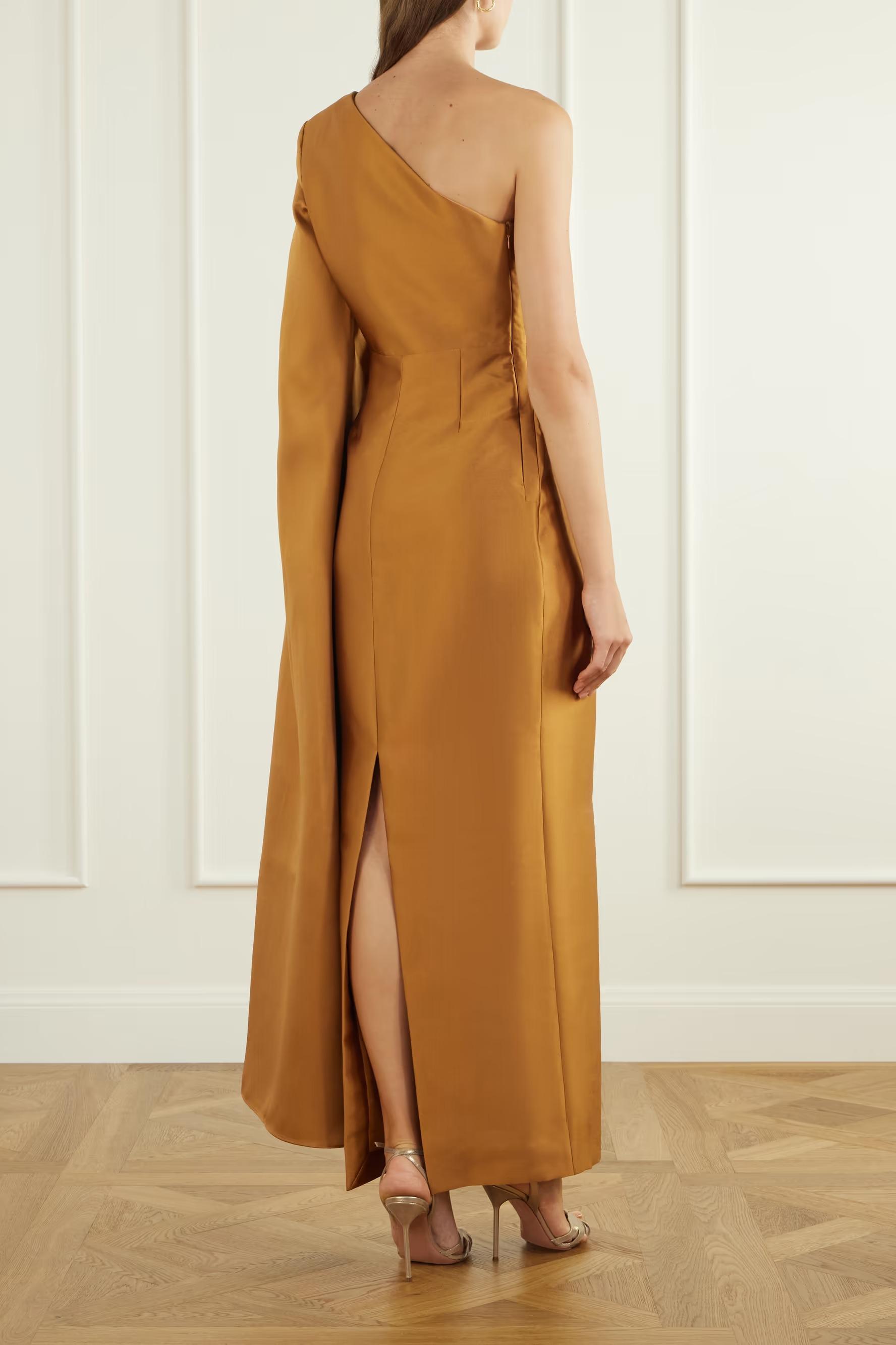 Skew Collar Pleated Asymmetrical Sleeve Midi Dress