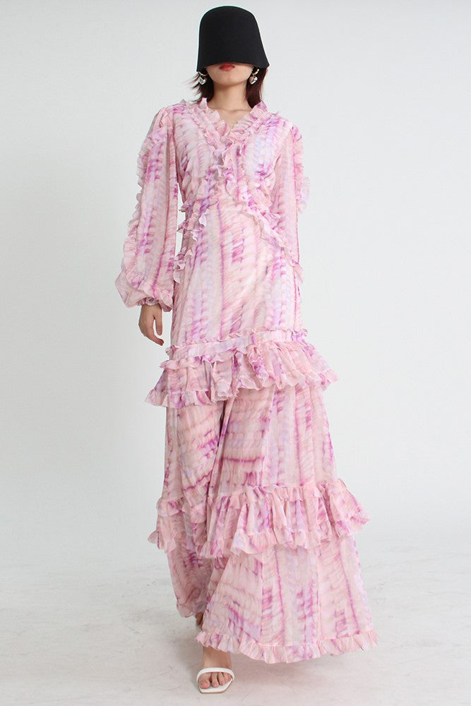 V-Neck Lace Puff Sleeve Tiered Ruffle Hem Maxi Dress Pink – jardinvue