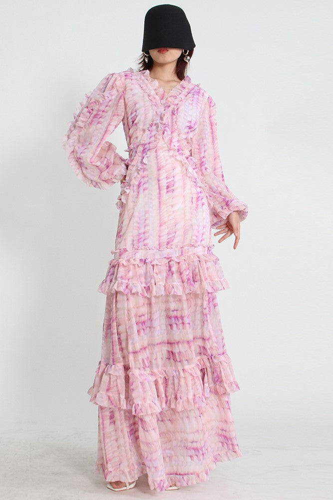 Jardinvue V-Neck Lace Puff Sleeve Tiered Ruffle Hem Maxi Dress Pink