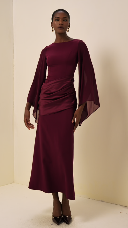 Waterfall Sleeves Pleated Maxi Dress