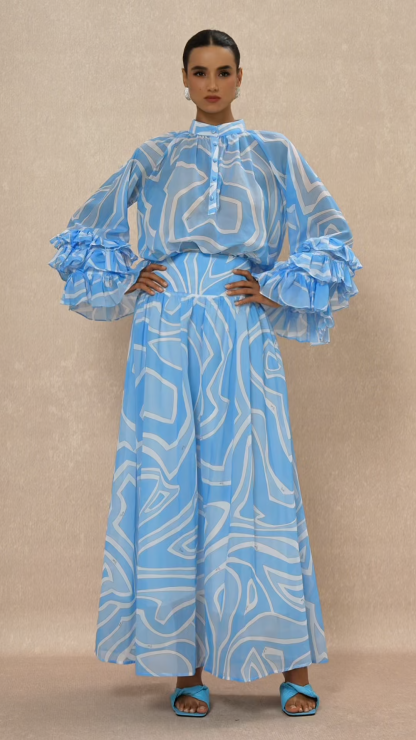 Abstract Print Frill Top & High Waist Maxi Skirt Set