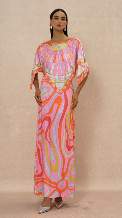 Abstract Print Slip Maxi Dress With Cape
