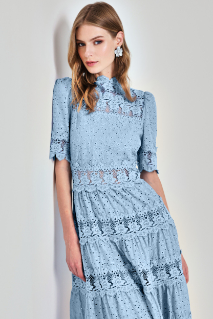Lace Embroidered Stand Collar Midi Dress