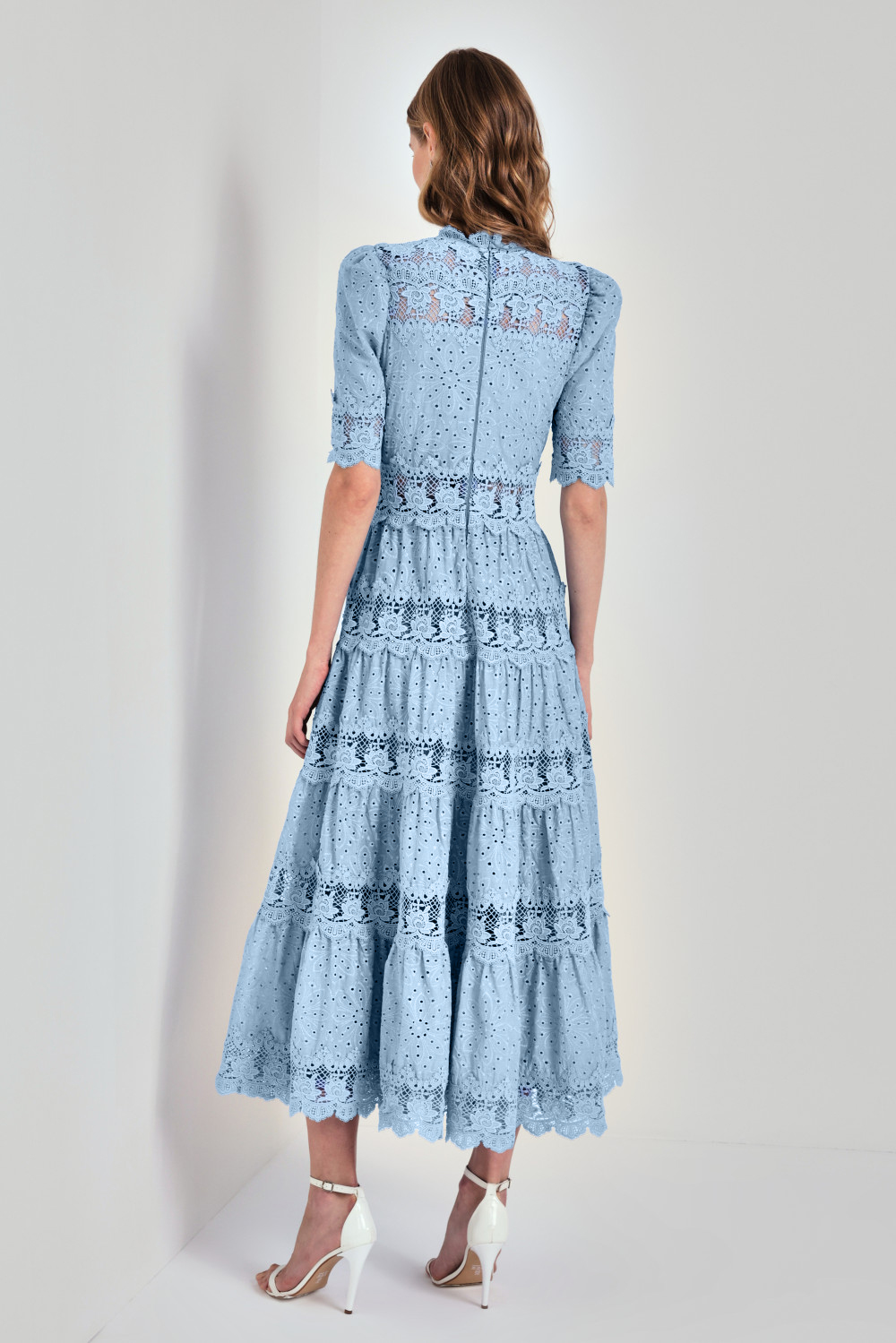 Lace Embroidered Stand Collar Midi Dress
