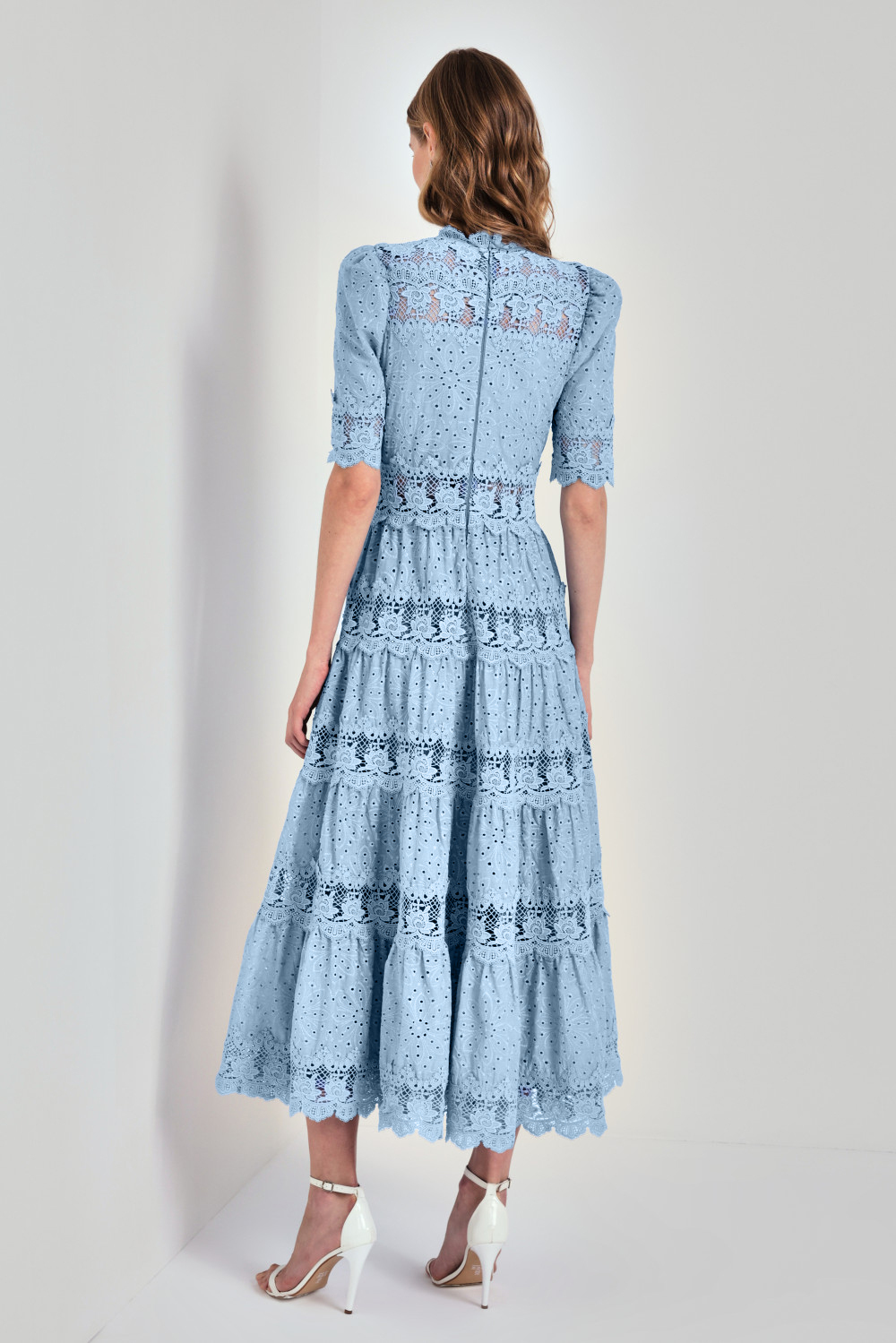 Lace Embroidered Stand Collar Midi Dress