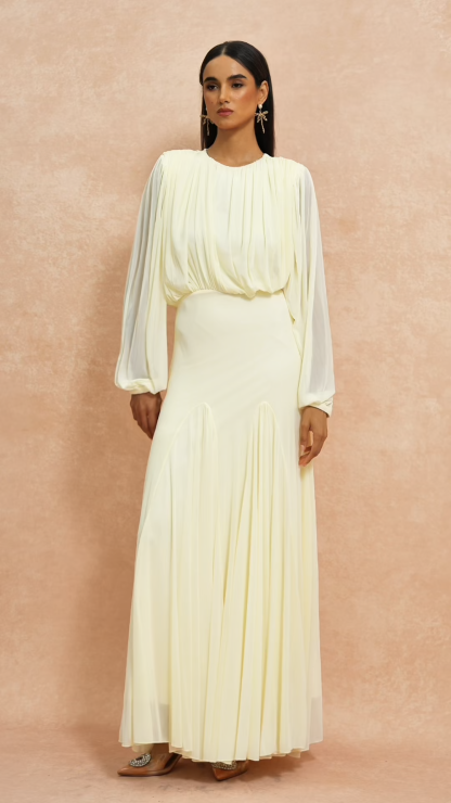 Gathering Round Neck Lantern Sleeve Maxi Dress
