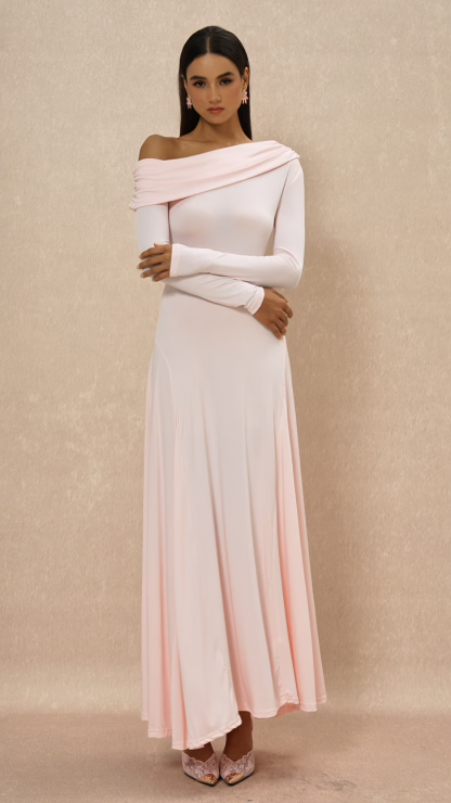 Solid Skew Collar Gathering Maxi Dress