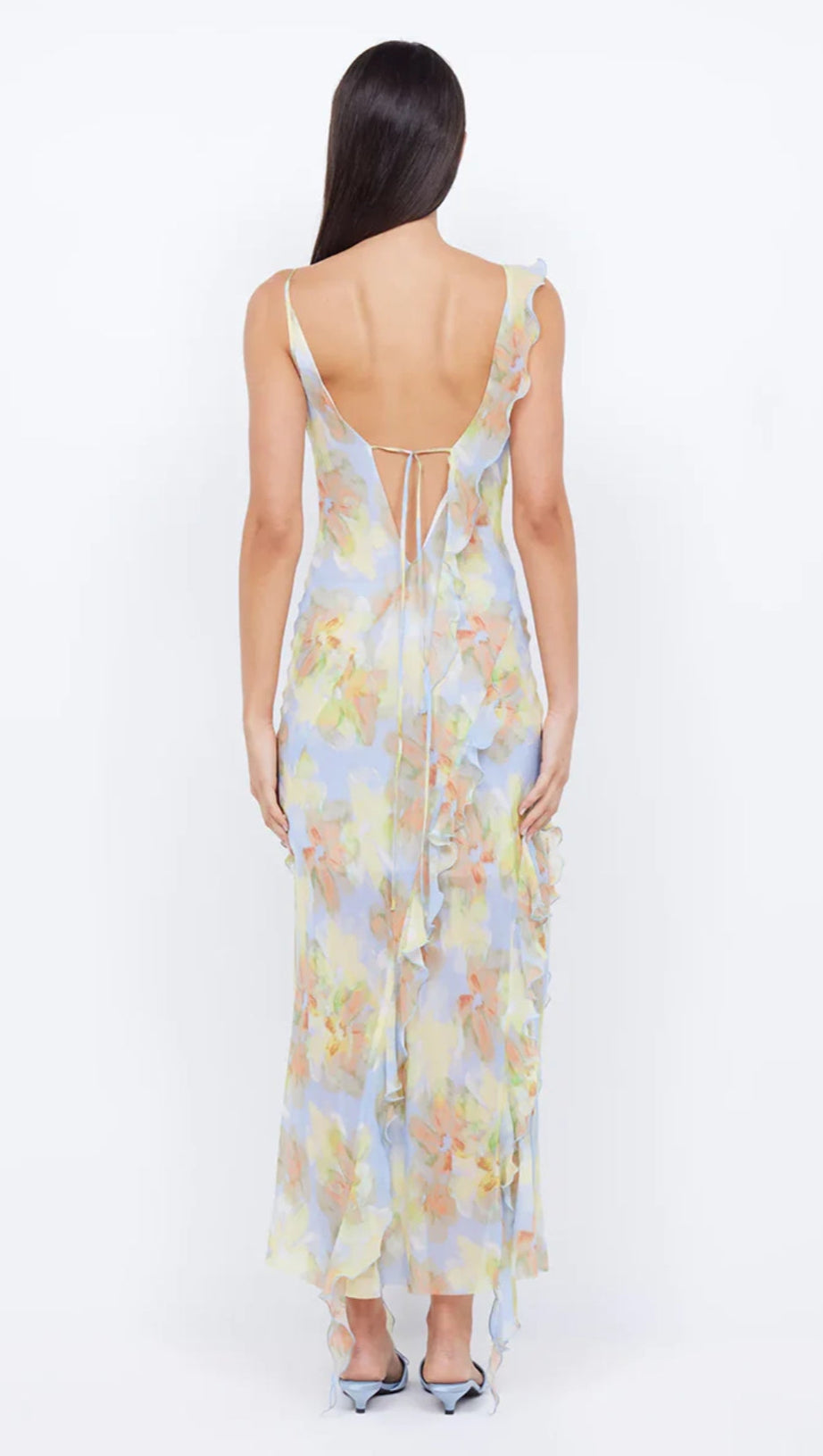 Tie Dye Ruffle Tie-Up Midi Dress