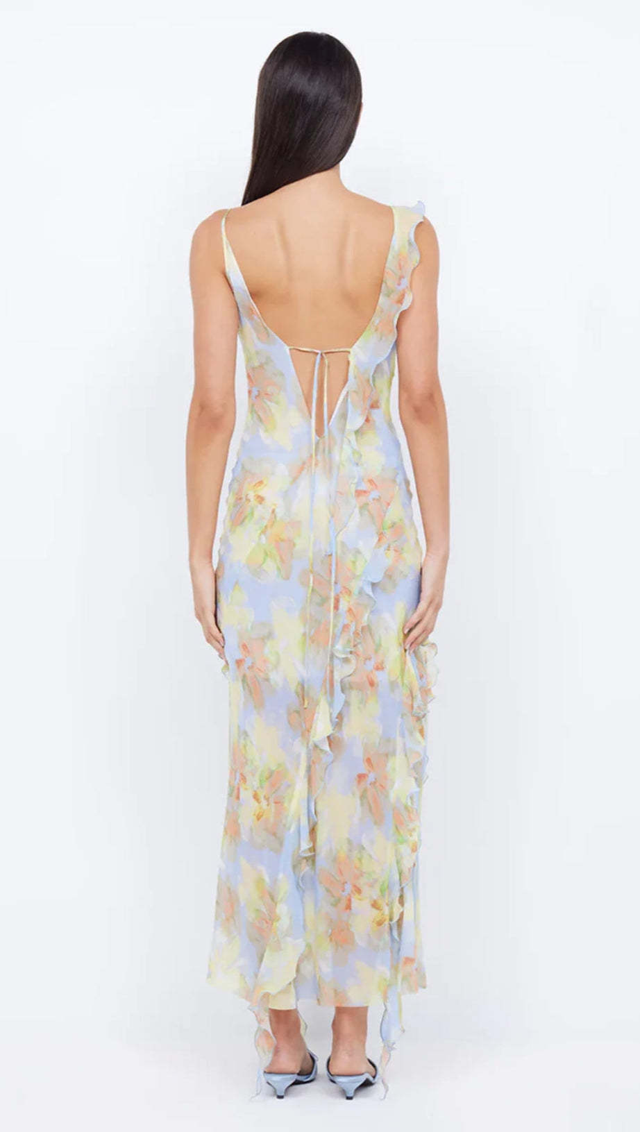 Tie Dye Ruffle Tie-Up Midi Dress