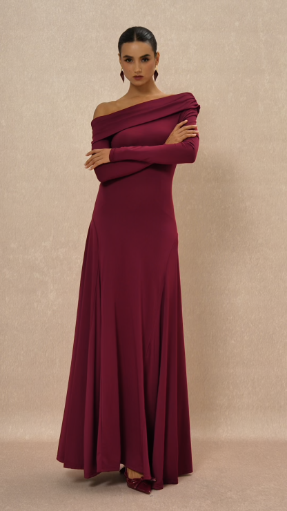 Solid Skew Collar Gathering Maxi Dress
