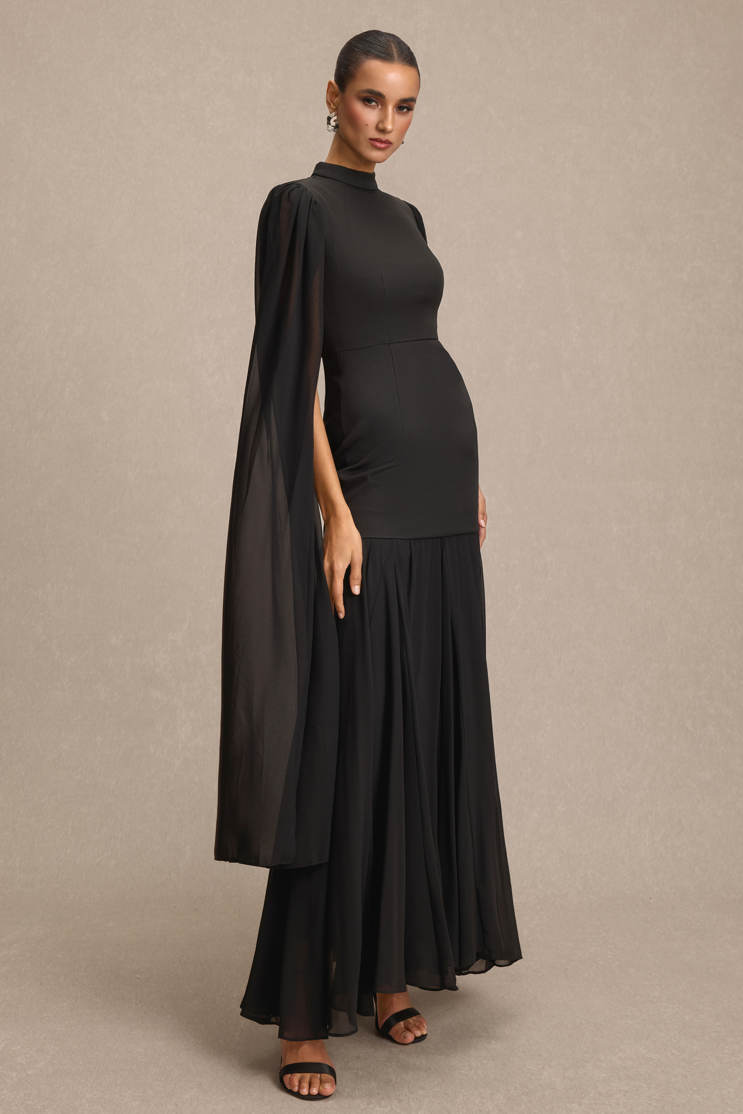 Solid High Neck Cape Sleeve Maxi Dress