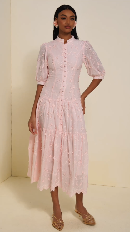 Embroidered Single Breasted Puff Sleeve Midi Dress
