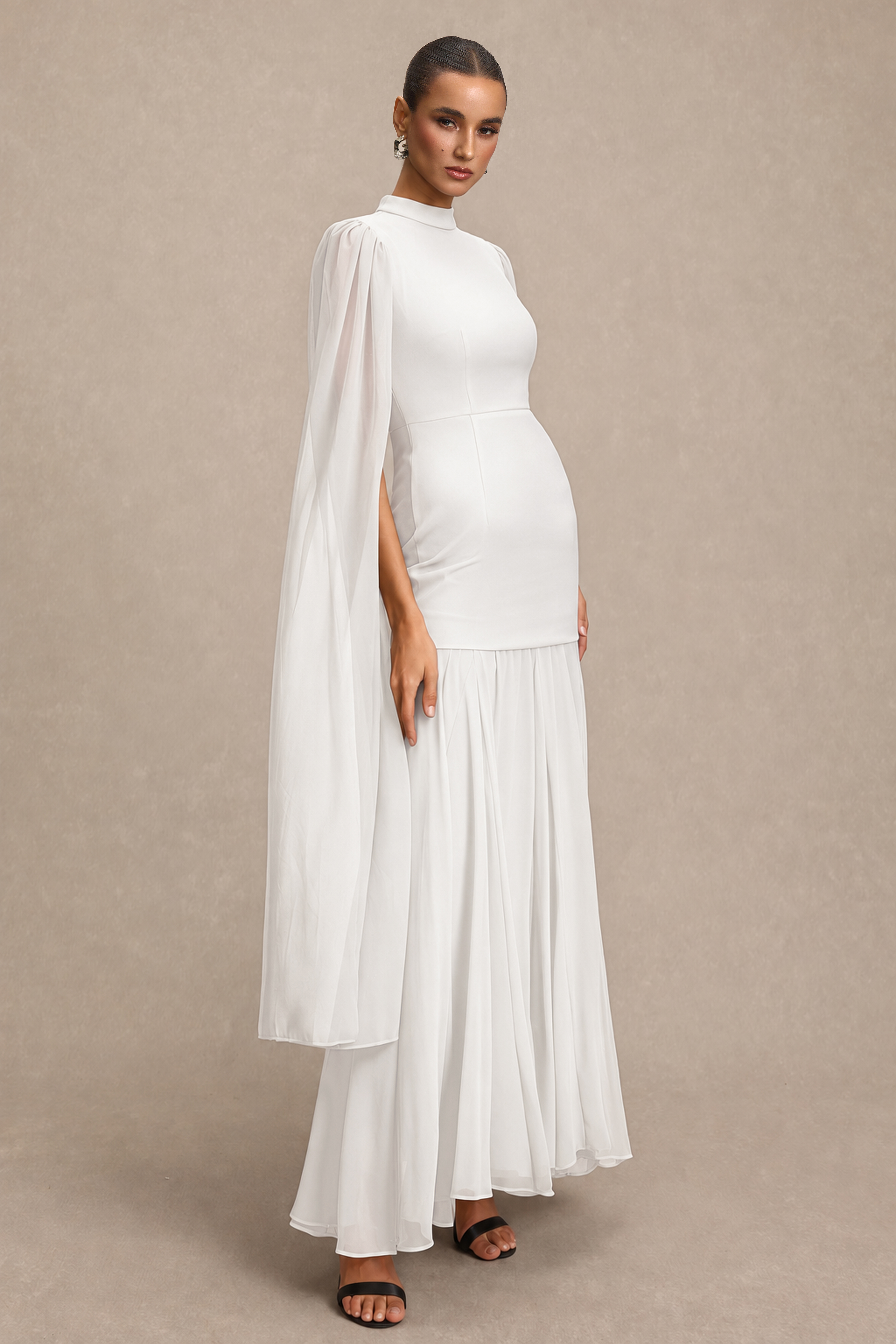 Solid High Neck Cape Sleeve Maxi Dress