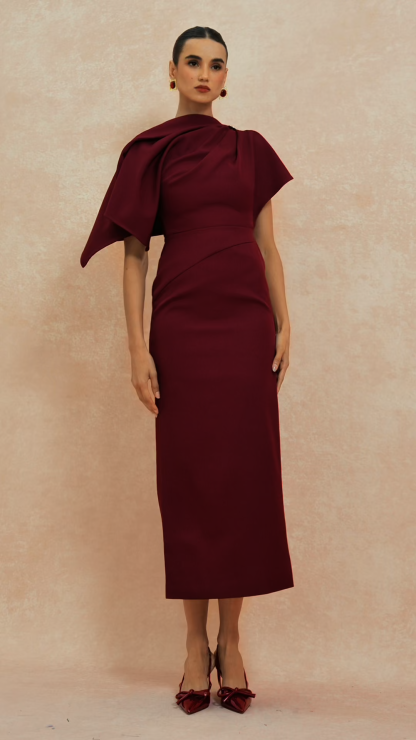 Metal Decorations Asymmetrical Sleeve Midi Dress