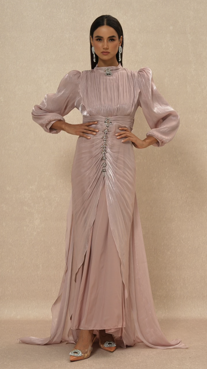 Rhinestone Rivets Gathering Lantern Sleeve Maxi Dress