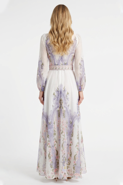 Floral Single Breasted Long Sleeve Maxi Dress With Belt