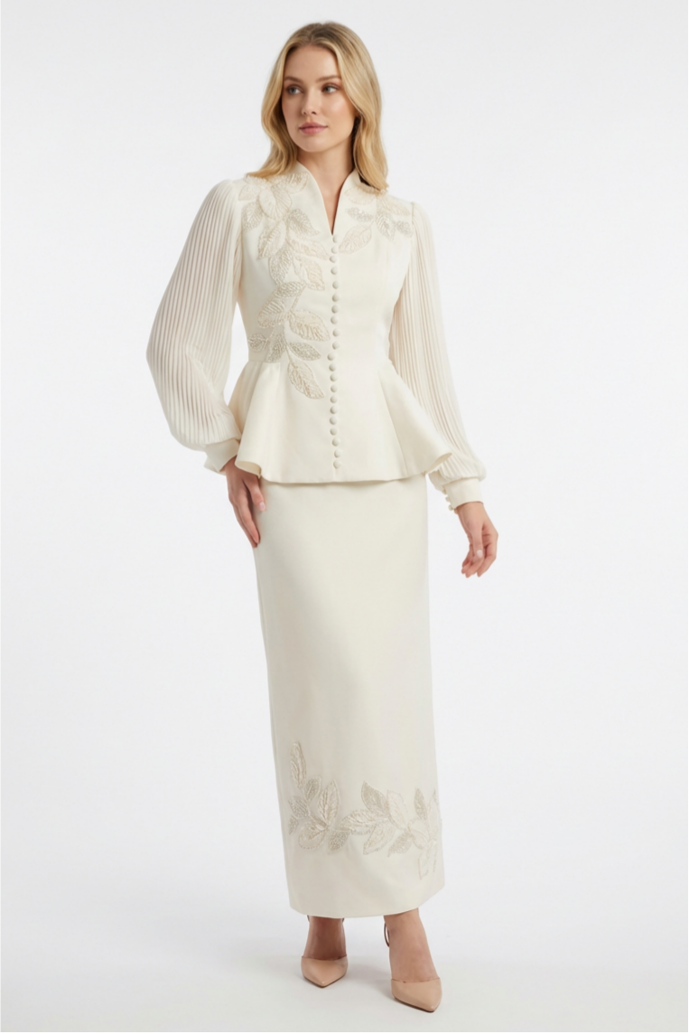 Embroidered Single Breasted Top & Midi Skirt Set