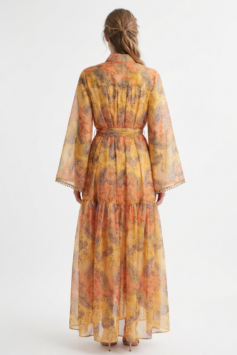 Paisley Print Stand Collar Lace Maxi Dress With Belt