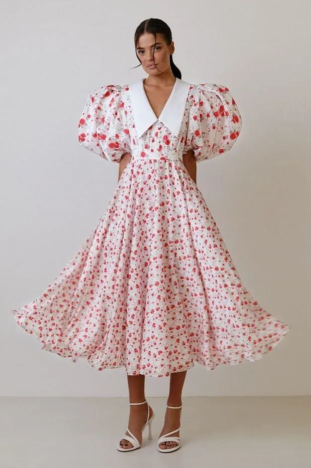 Floral Puff Sleeves V-neck Tapered Waist Midi Dress Pink