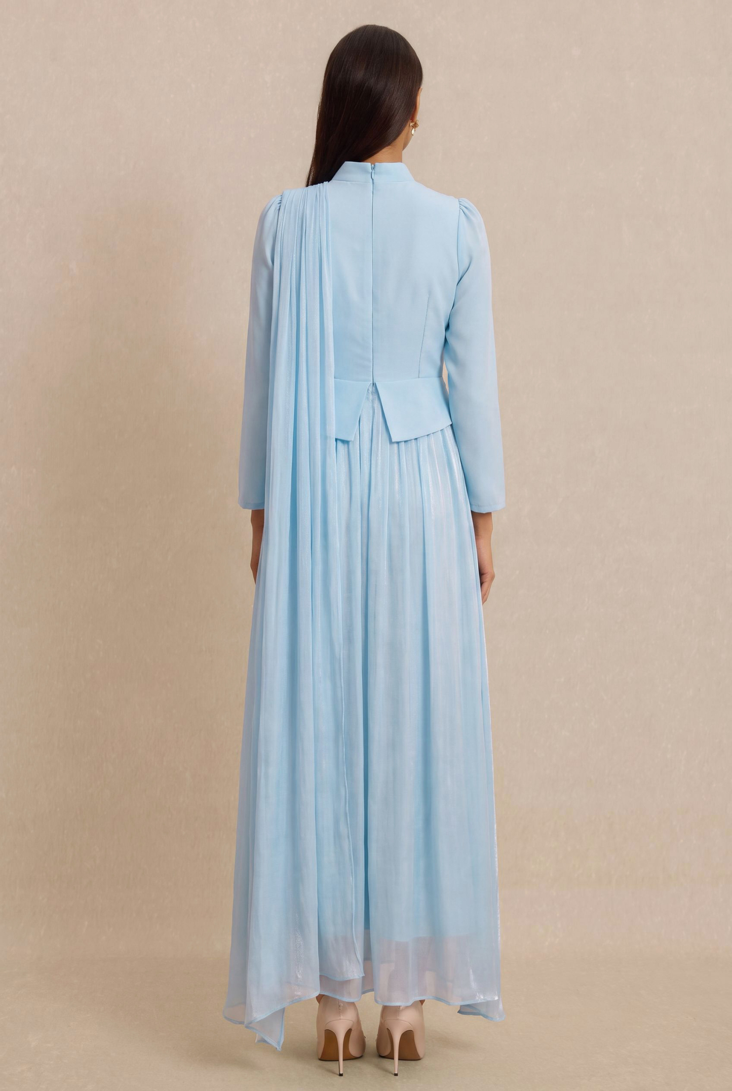 Rhinestone Rivets Pearl Stand Collar Maxi Dress