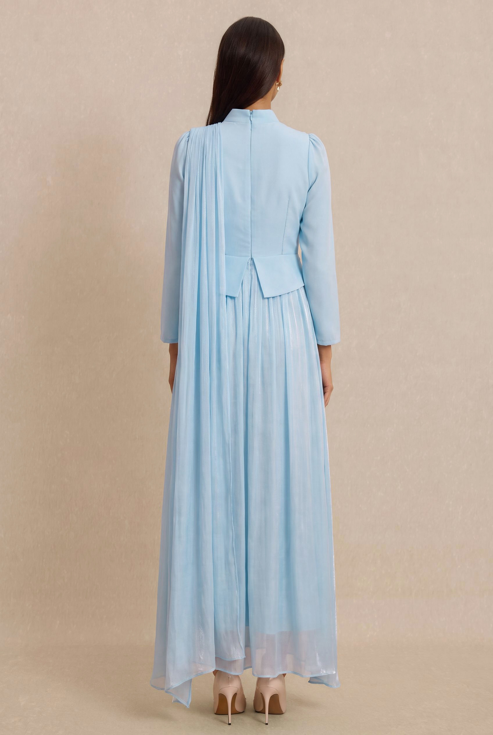 Rhinestone Rivets Pearl Stand Collar Maxi Dress