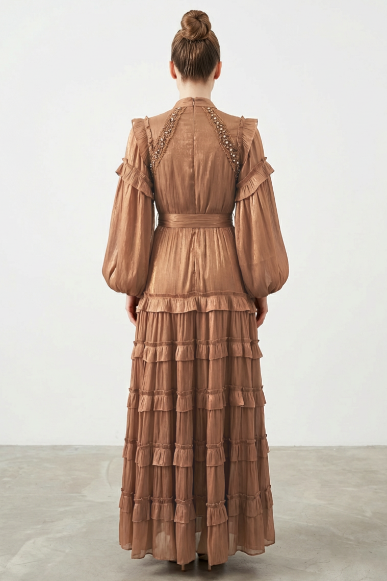 Rhinestone Rivets Frill Maxi Dress