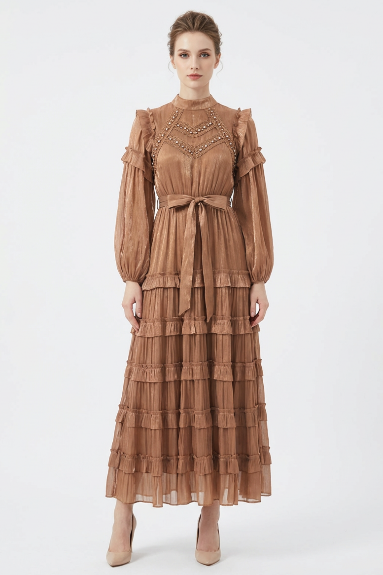 Rhinestone Rivets Frill Maxi Dress