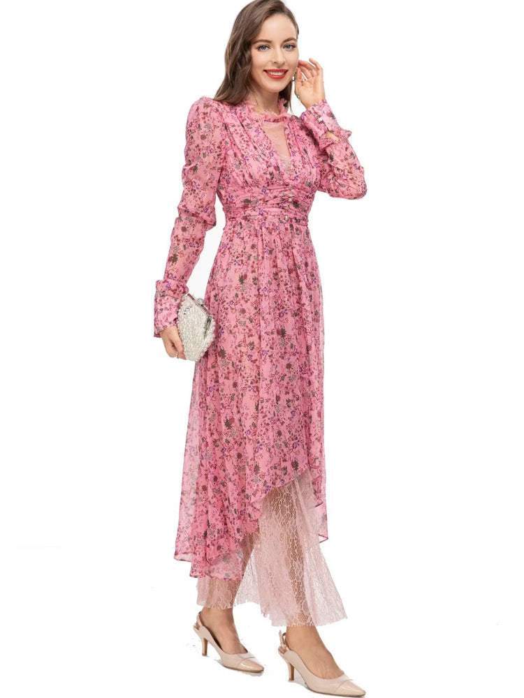 Printed Lamb's Leg Sleeve Round Collar Lace Waist Irregular Midi Dress