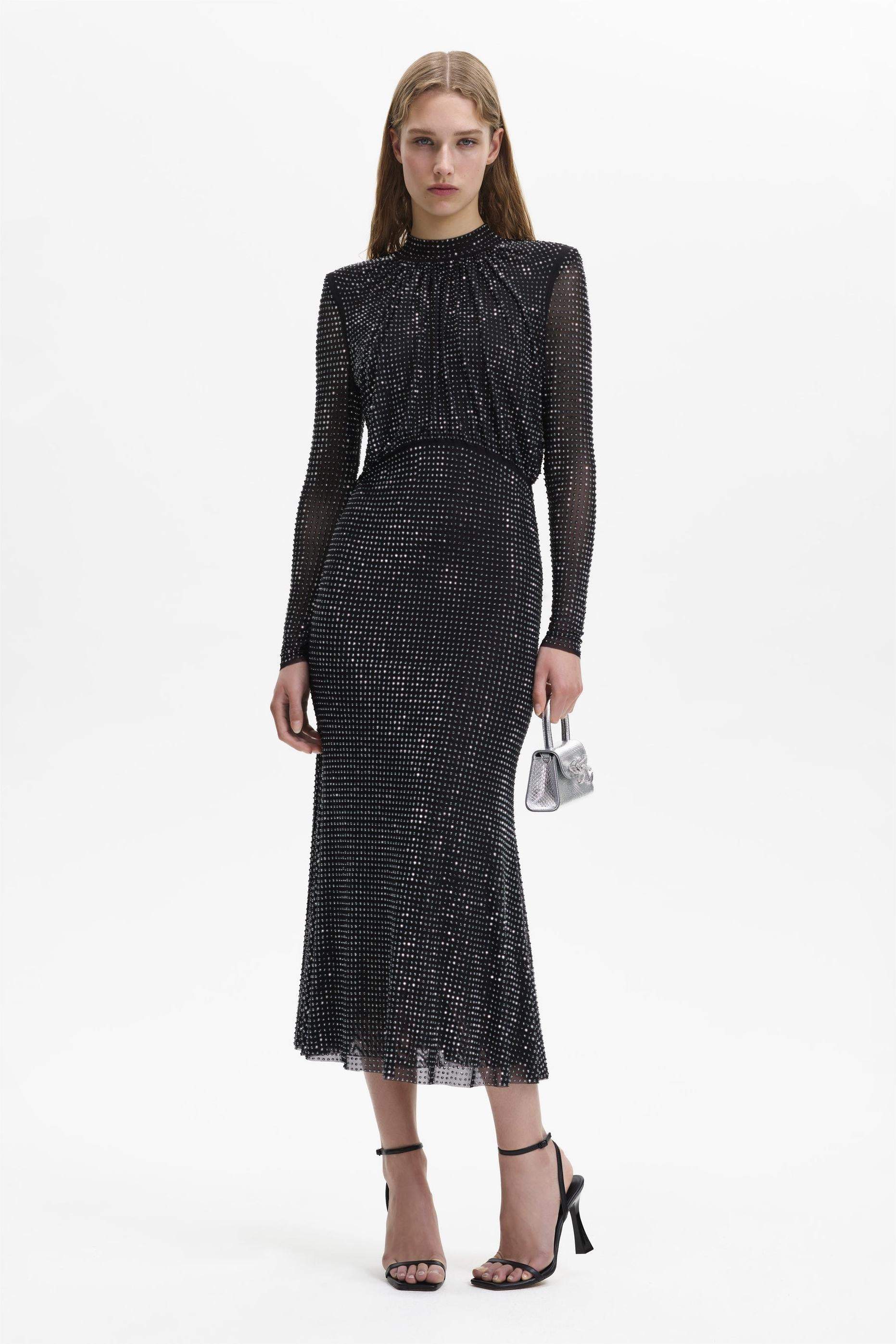 Rhinestone Stand Collar Solid Mermaid Maxi Dress