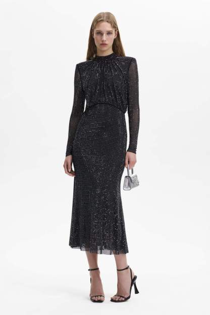 Rhinestone Stand Collar Solid Mermaid Maxi Dress